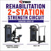 TKO Rehabilitation 2-Station Strength Circuit Signature Series G2, showing two black and gray gym machines on a white background with large purple and orange text.