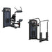 TKO abdomiable crunch and back extensions and multip commercial-grade gym equipment shown side by side on a plain white background: a seated leg extension machine on the left and a dual-pull-up or triceps push-through machine on the right. Both units are predominantly black with dark gray panels and small red accents.