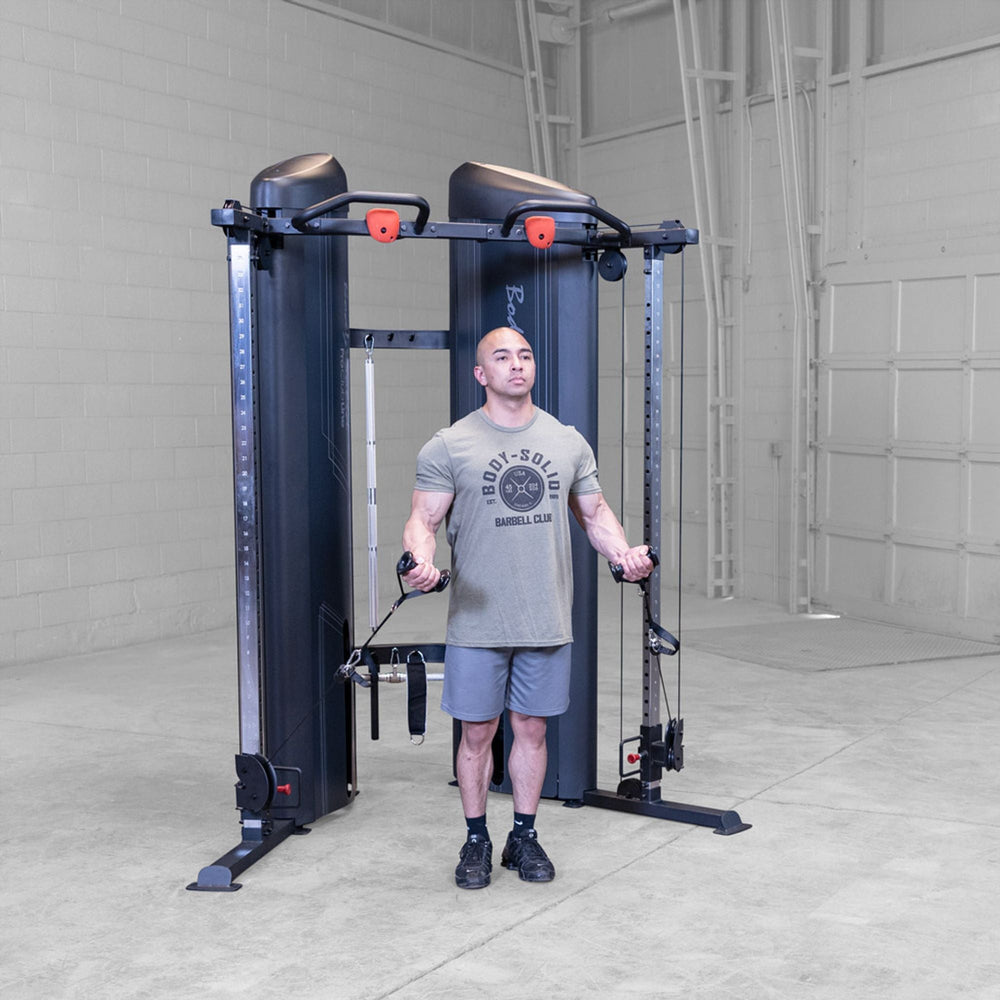 Man doing bicep curls using a Body-Solid Pro ClubLine S2CCX Series II Cable Column in black