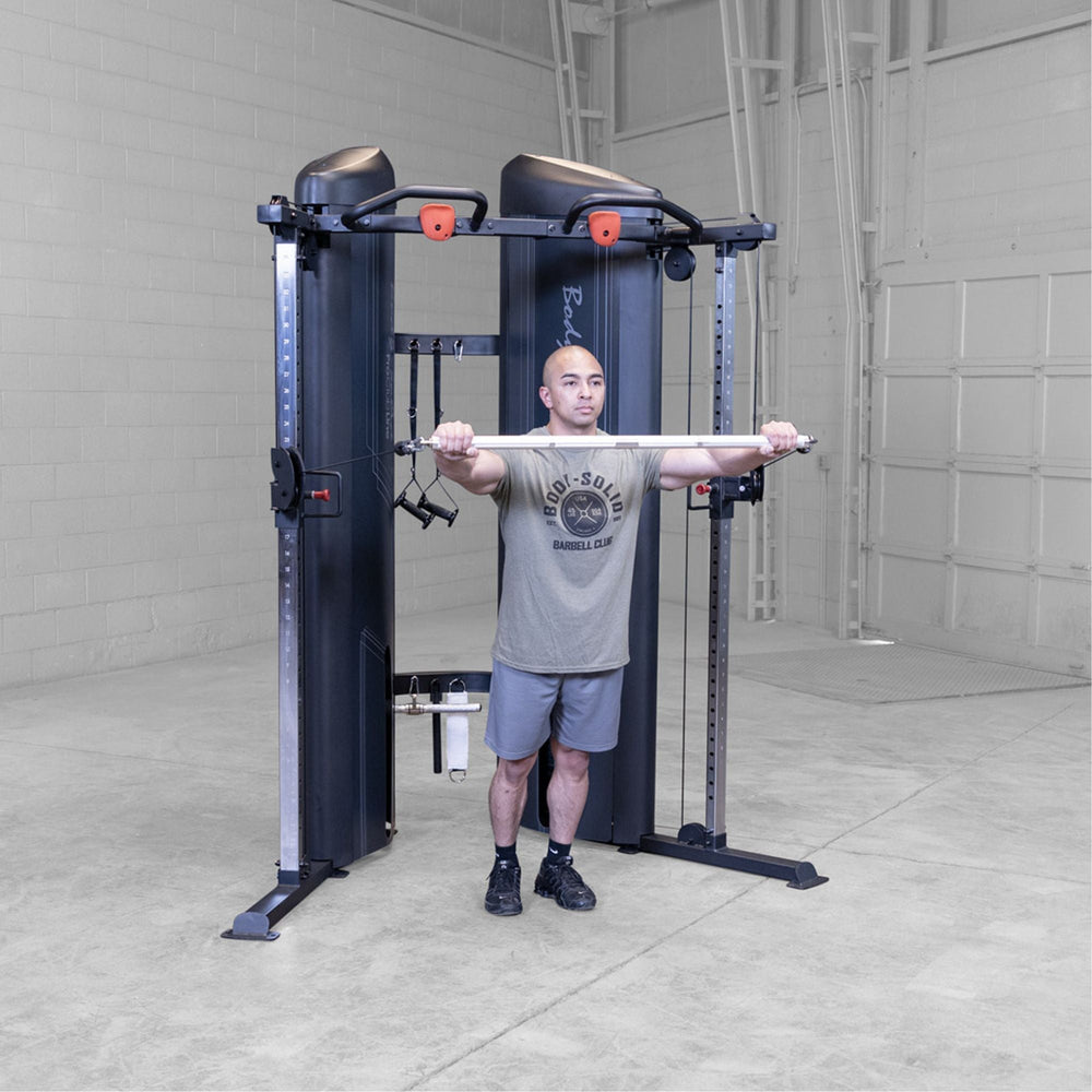man using a cable pulley bar for a Body-Solid Pro ClubLine S2CCX Series II Cable Column in black