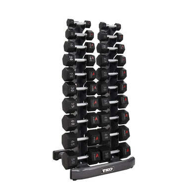 Side by side dumbbells pairs on a TKO 5-50lb Urethane Hex Tri-Grip Handle Dumbbells W/ 10 Pair Rack S840-TXUA10