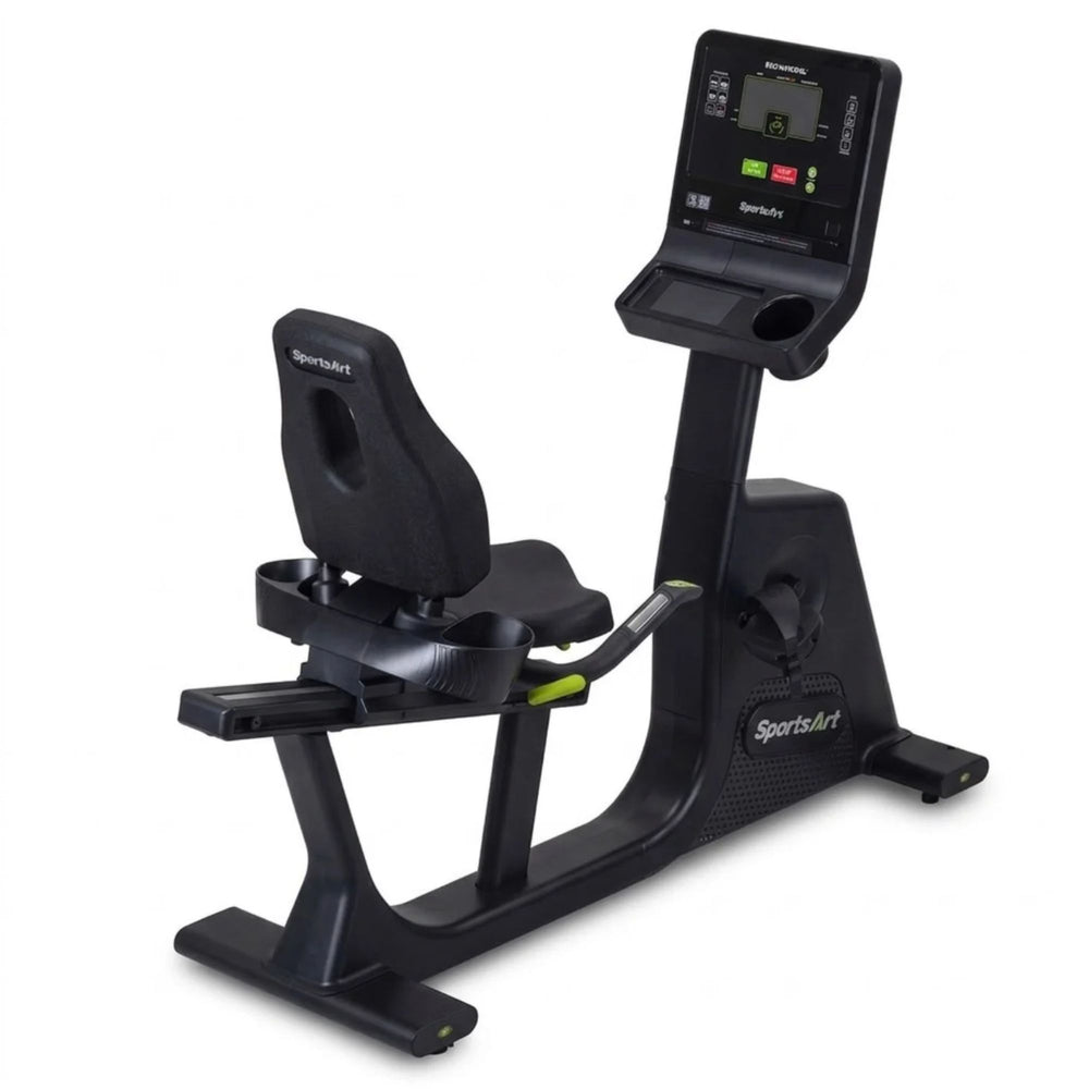 SportsArt Eco-Natural Recumbent Cycle machine in black with a digital console screen, shown on a solid white background.