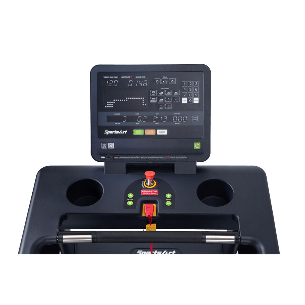 SportsArt T663M rehabilitation treadmill console with medical-grade safety stop, 0.1 mph control, and preset therapy programs.