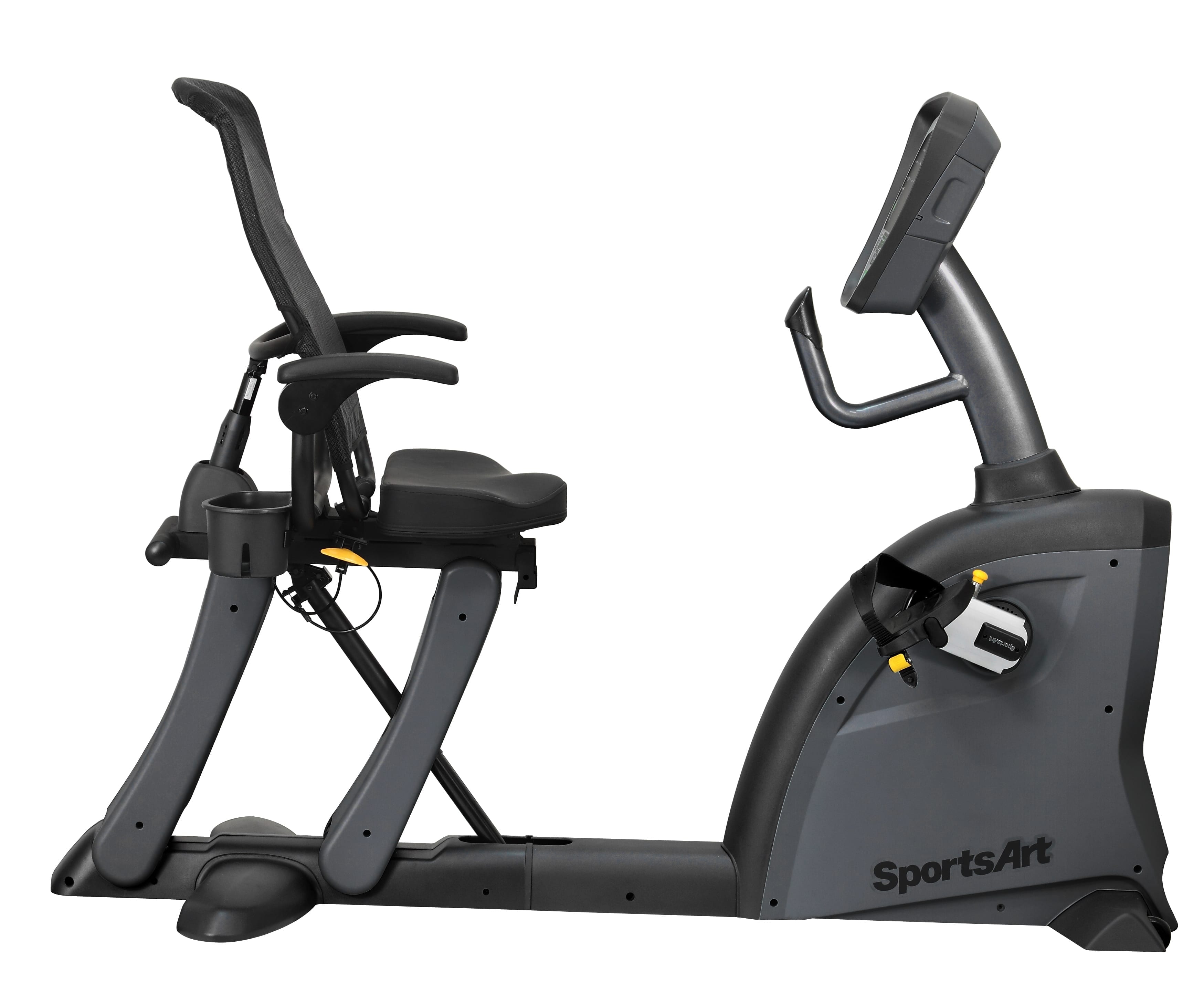 SportsArt C521M rehabilitation recumbent bike side profile with low step-through access and adjustable pedal crank system.