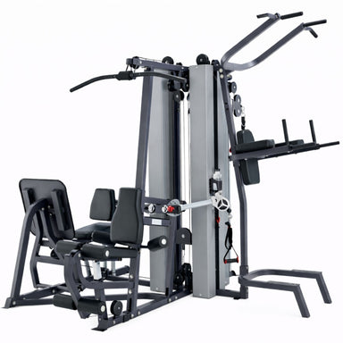 Steelflex Multigym MG300B fitness equipment on a white background with view of the leg extension, lat pull down, leg press, and vkr station.
