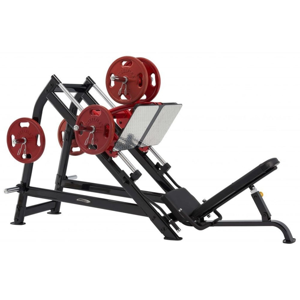 Steelflex-PLDP Decline Leg press machine with red weight plates on a white background