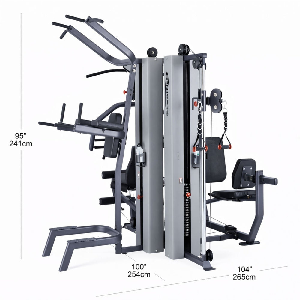 Steelflex Multigym fitness equipment MG300B with dimensions labeled on a white background