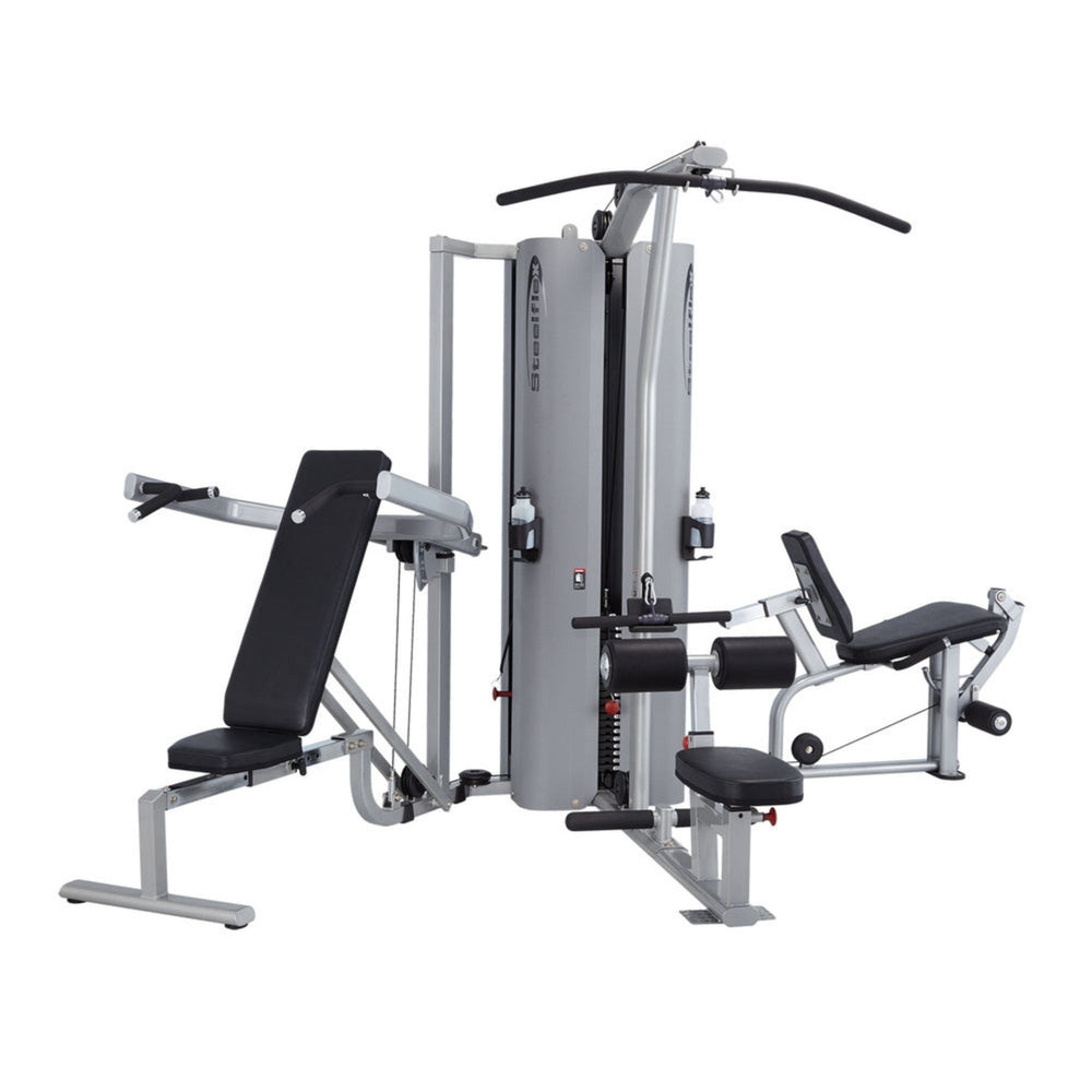 Steelflex Multi Gym MG3000 with chest press station, lat pull down station, and leg extension station.