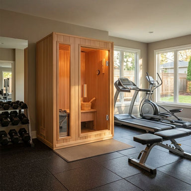 SunRay Baldwin Traditional Sauna HL200D in a home gym with exercise equipment