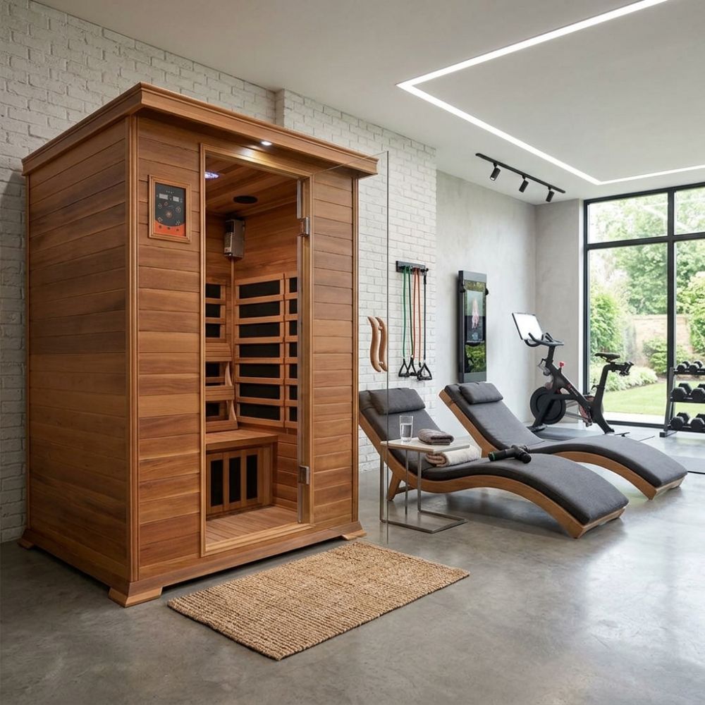 SunRay 2-Person Sierra Sauna HL200K in a modern room with lounge chairs and fitness equipment.