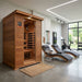 SunRay 2-Person Sierra Sauna HL200K in a modern room with lounge chairs and fitness equipment.