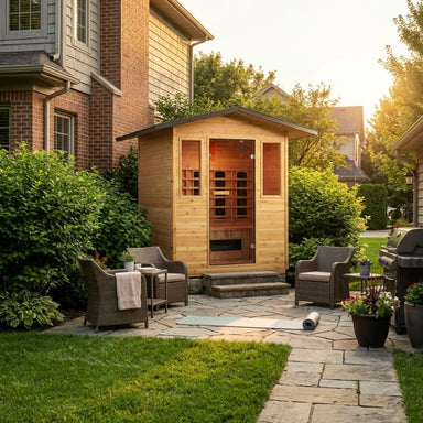 Wooden outdoor sauna with patio furniture in a backyard setting SunRay Grandby 300D