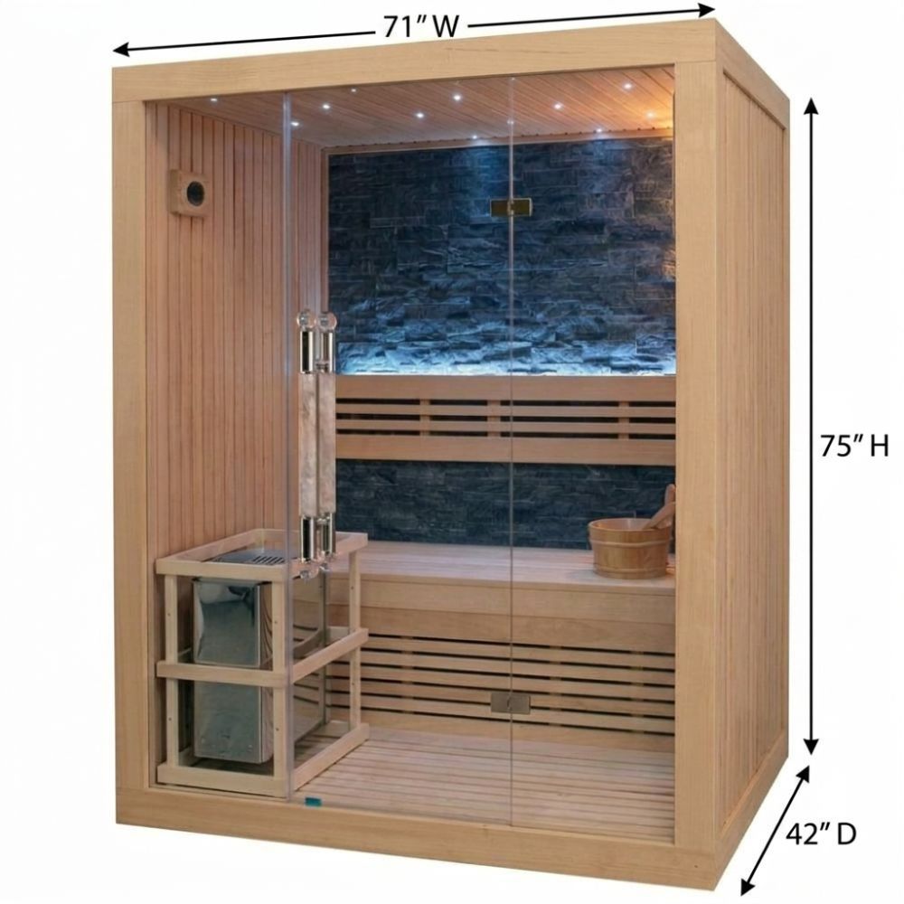 SunRay Westlake – 3-Person Traditional Sauna with dimensions labeled on a white background