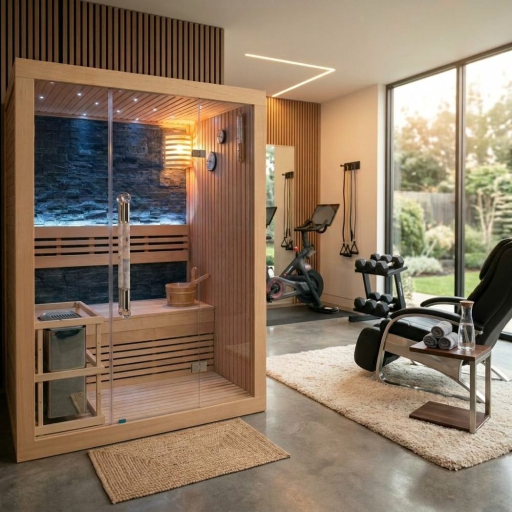 SunRay Westlake – 3-Person Traditional Sauna in a modern home with gym equipment