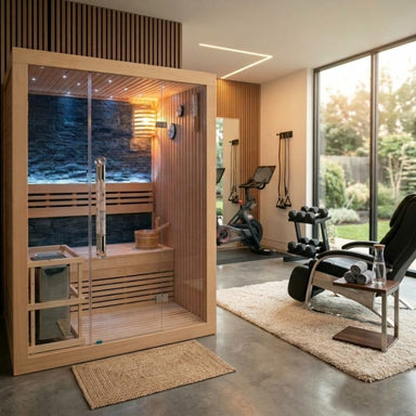 SunRay Westlake – 3-Person Traditional Sauna in a modern home with gym equipment