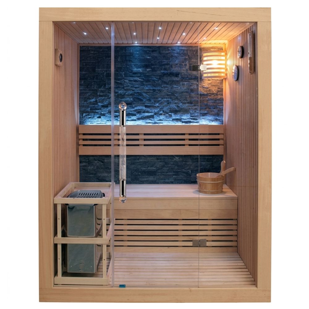 SunRay Westlake – 3-Person Traditional Sauna with 6kW Harvia Heater,  glass door and interior features on a white background