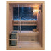 SunRay Westlake – 3-Person Traditional Sauna with 6kW Harvia Heater,  glass door and interior features on a white background