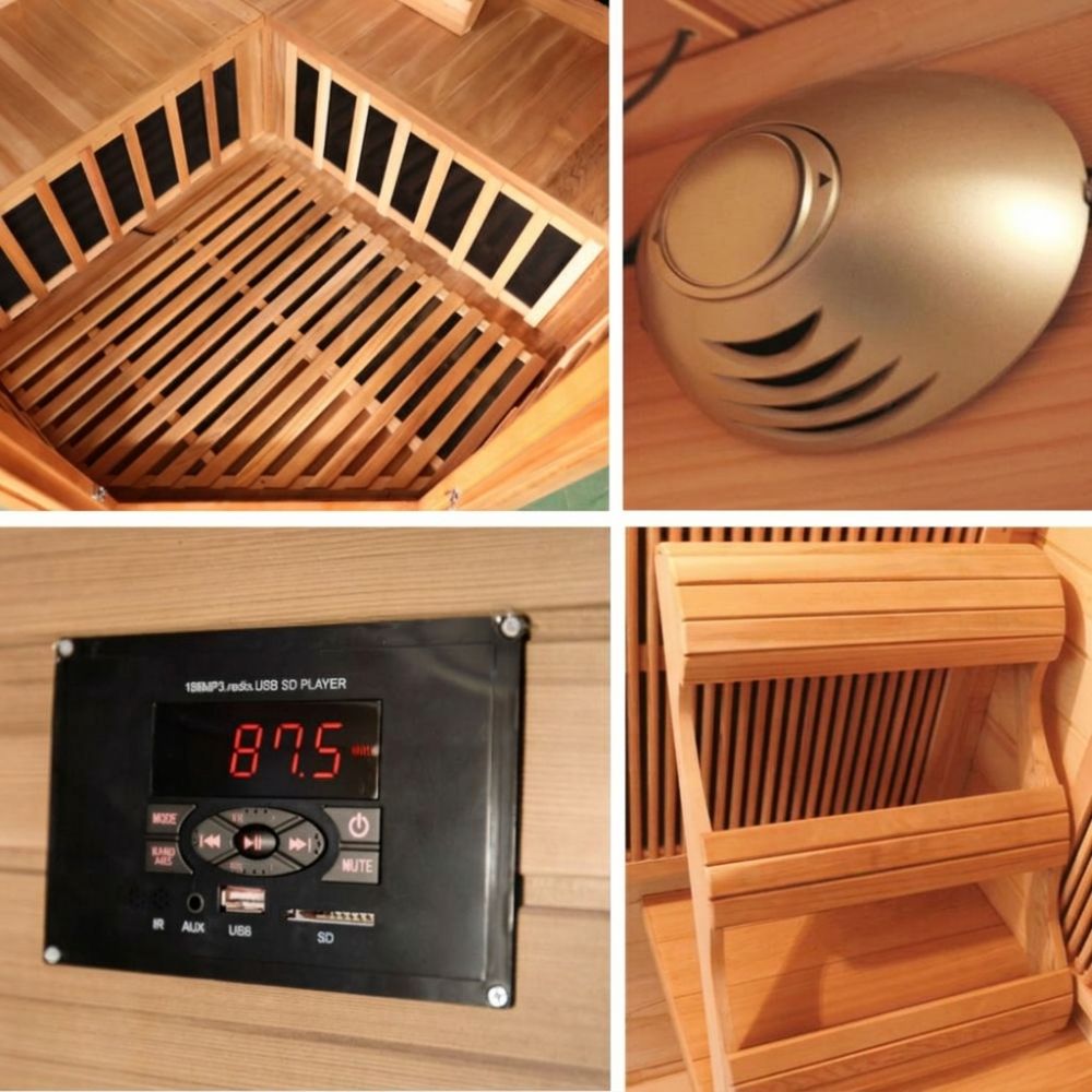Collage of a wooden sauna with interior details including a control panel and heater in a SunRay Bristol Bay 4-Person Corner Infrared Sauna HL400KC with Carbon Nano Heaters 