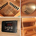 Collage of a wooden sauna with interior details including a control panel and heater in a SunRay Bristol Bay 4-Person Corner Infrared Sauna HL400KC with Carbon Nano Heaters 