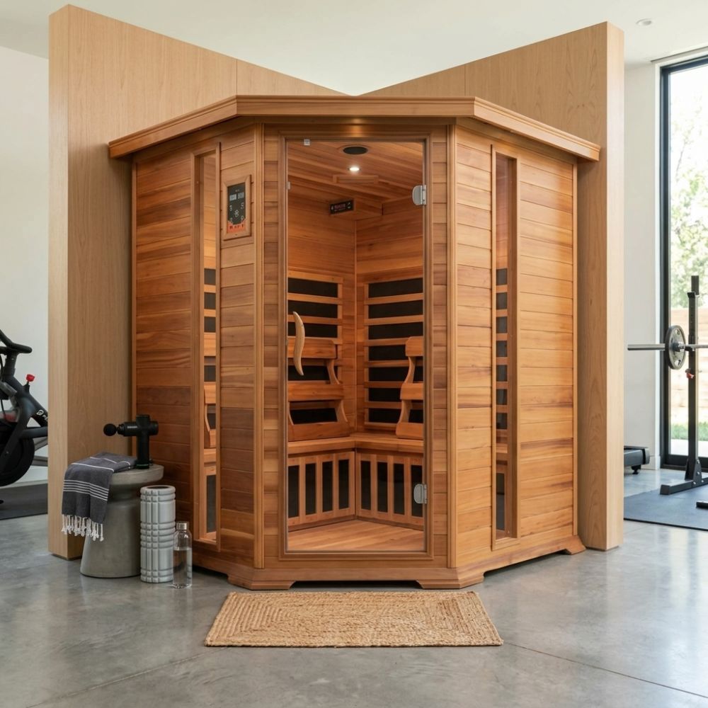 SunRay Bristol Bay 4-Person Corner Infrared Sauna HL400KC with Carbon Nano Heaters in a modern indoor setting with exercise equipment.