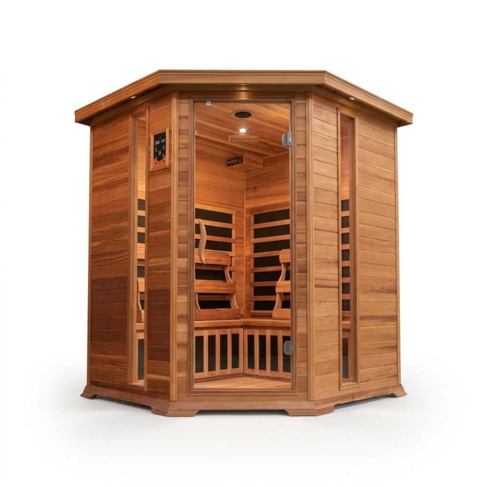 SunRay Bristol Bay 4-Person Corner Infrared Sauna HL400KC with Carbon Nano Heaters HL400KC with glass door on a white background
