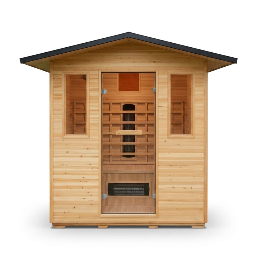 Wooden Sunray sauna HL400D3 with a black roof on a white background