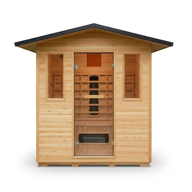 Wooden Sunray sauna HL400D3 with a black roof on a white background