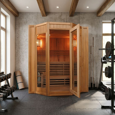 HL400SN Tiburon Wooden sauna in a room with gym equipment