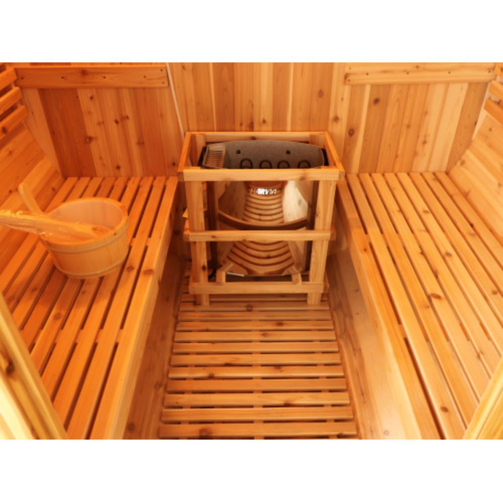 SunRay-Aurora 2-4 person Barrel Sauna  with benches and a central shelf.