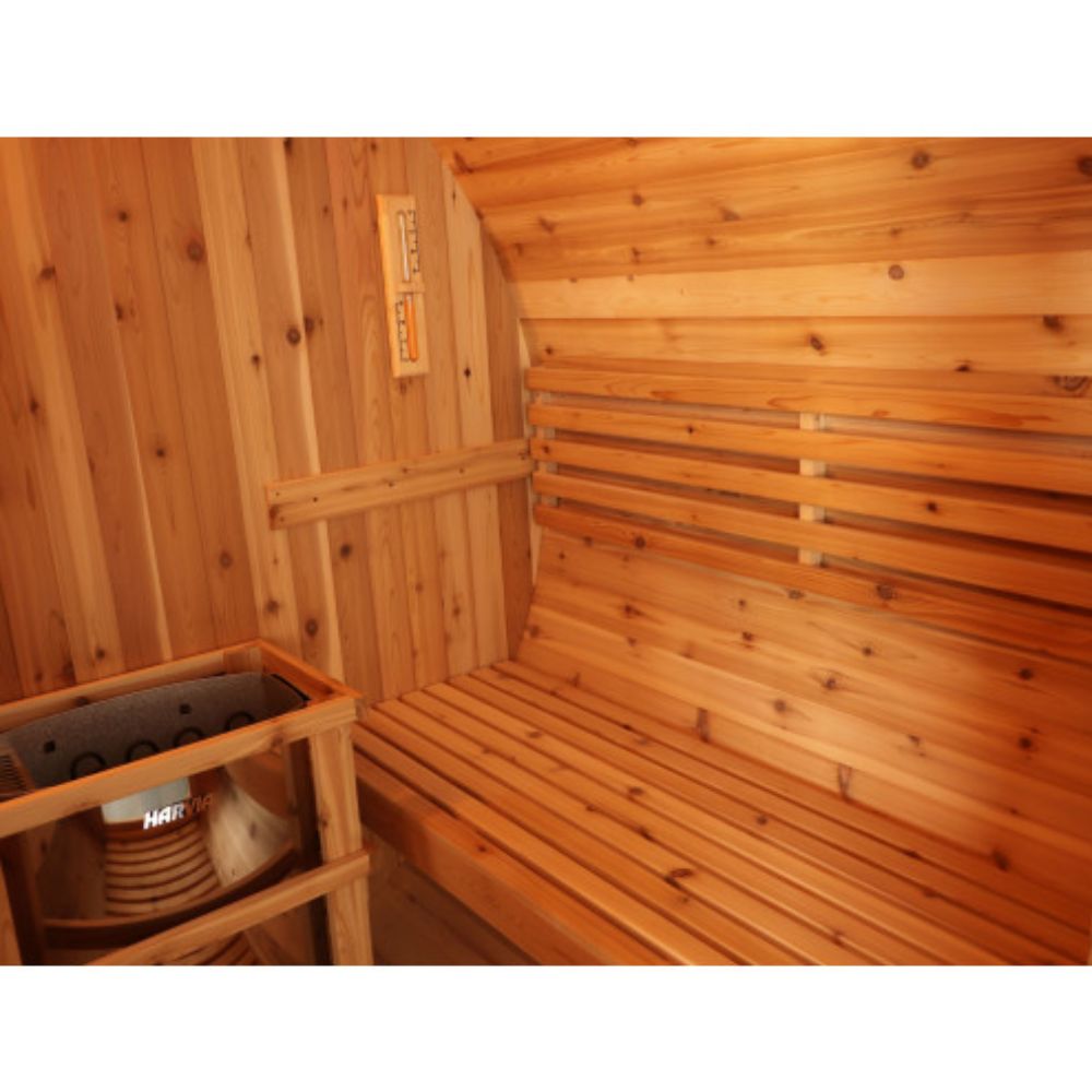 SunRay-Aurora 2-4 person Barrel Sauna  with bench and shelves inside