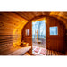 SunRay-Aurora 2-4 person Barrel Sauna  with an open door showing a view of trees and sky.