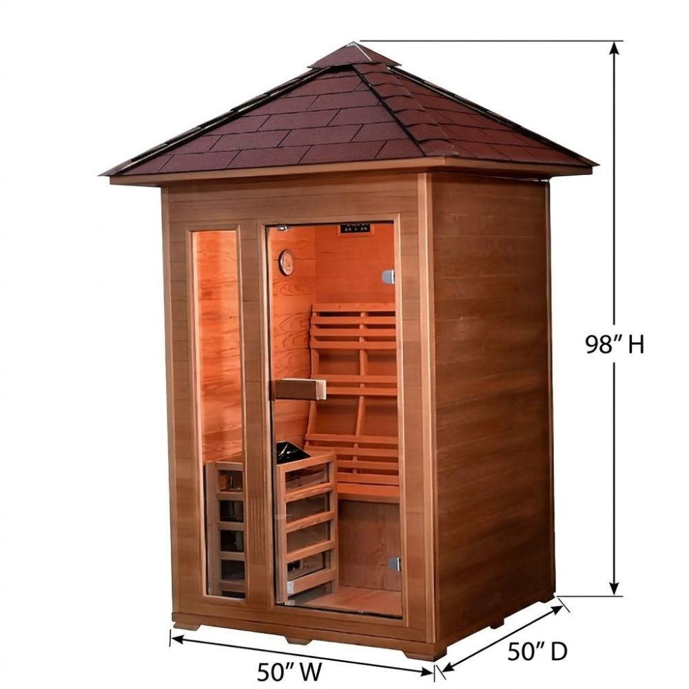 SunRay Bristow – 2-Person Outdoor Traditional Sauna with dimensions labeled on a white background