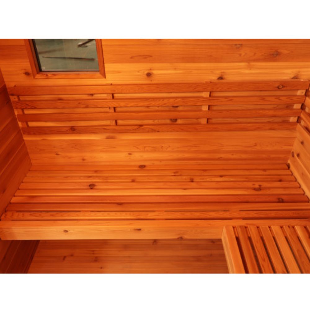 SunRay Denali 4 Person Contemporary Outdoor Sauna  with Harvia 6kW Heater and Metal Roof 400D5 interior with bench and window