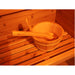 SunRay Denali 4 Person Contemporary Outdoor Sauna  with Harvia 6kW Heater and Metal Roof 400D5 bucket and ladle on a wooden floor