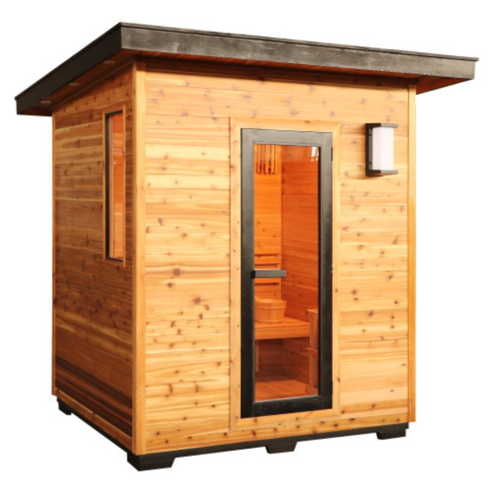 SunRay Denali 4 Person Contemporary Outdoor Sauna  with Harvia 6kW Heater and Metal Roof 400D5 with a glass door on a white background
