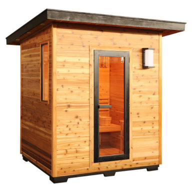 SunRay Denali 4 Person Contemporary Outdoor Sauna  with Harvia 6kW Heater and Metal Roof 400D5 with a glass door on a white background