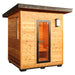 SunRay Denali 4 Person Contemporary Outdoor Sauna  with Harvia 6kW Heater and Metal Roof 400D5 with a glass door on a white background