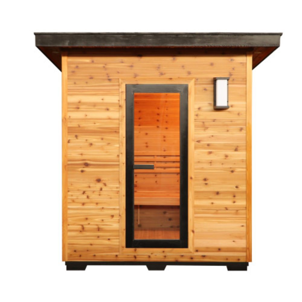 SunRay Denali 4 Person Contemporary Outdoor Sauna  with Harvia 6kW Heater and Metal Roof 400D5 with a glass door on a white background