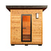 SunRay Denali 4 Person Contemporary Outdoor Sauna  with Harvia 6kW Heater and Metal Roof 400D5 with a glass door on a white background
