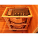 SunRay Denali 4 Person Contemporary Outdoor Sauna  with Harvia 6kW Heater and Metal Roof 400D5 with 'Harriss' branding inside a wooden sauna.