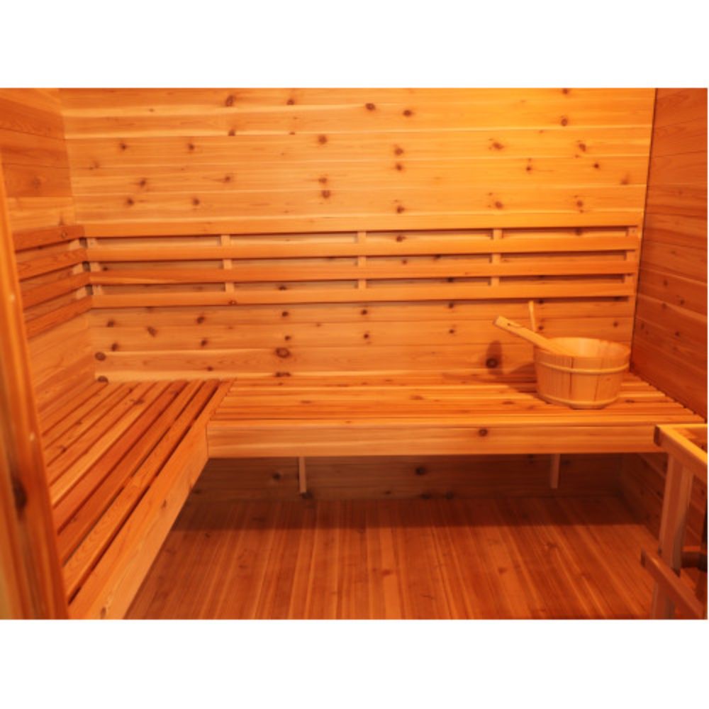 SunRay Denali 4 Person Contemporary Outdoor Sauna  with Harvia 6kW Heater and Metal Roof 400D5 with a bench and basket inside