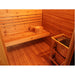 SunRay Denali 4 Person Contemporary Outdoor Sauna  with Harvia 6kW Heater and Metal Roof 400D5 with a bench, basket, and heater.