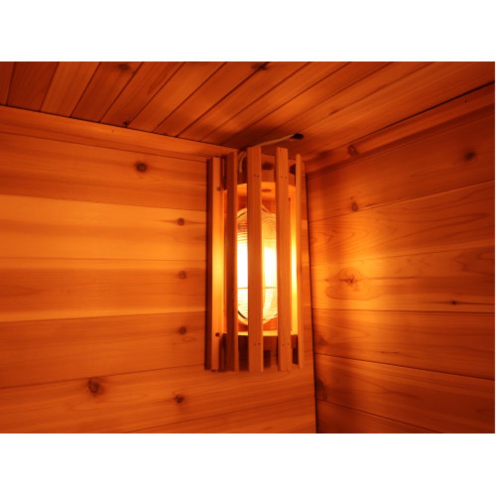 SunRay Denali 4 Person Contemporary Outdoor Sauna  with Harvia 6kW Heater and Metal Roof 400D5 with warm lighting