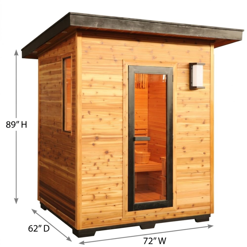  SunRay Denali – 4-Person Contemporary Outdoor Traditional Sauna with 6kW Harvia Heater with dimensions labeled on a white background