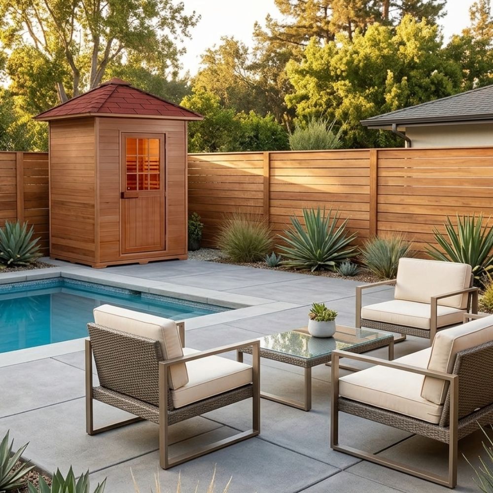 Outdoor patio area with Sunray 2 Person Outdoor Traditional Sauna chairs, table, and wooden sauna near a pool.