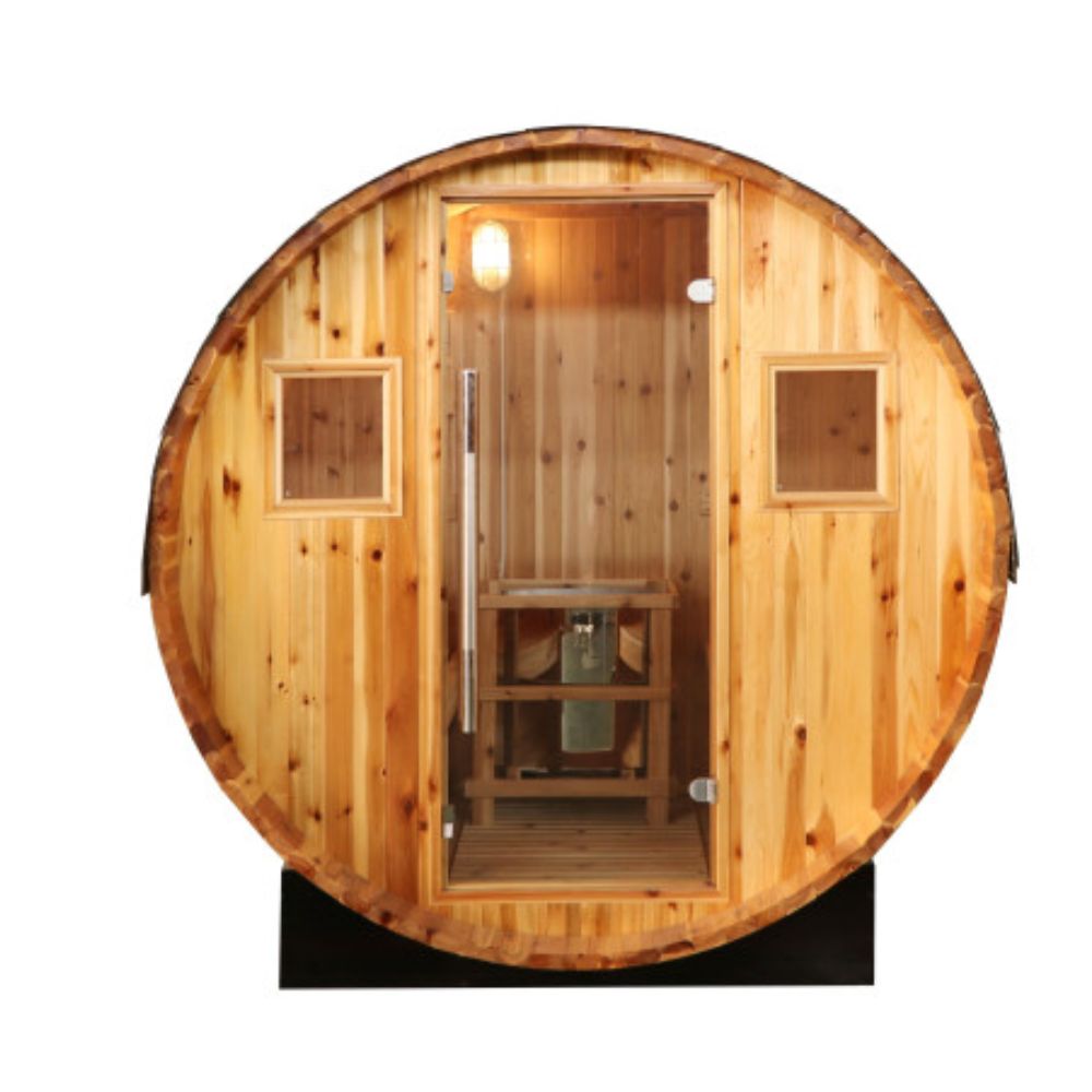 SunRay Galley 2-4 person Barrel Sauna with a glass door on a white background