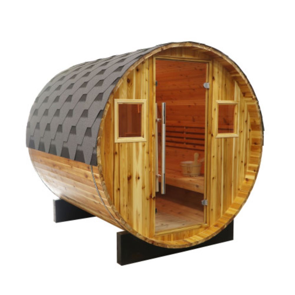 SunRay-Galley-4 person Barrel Sauna with a gray roof on a white background