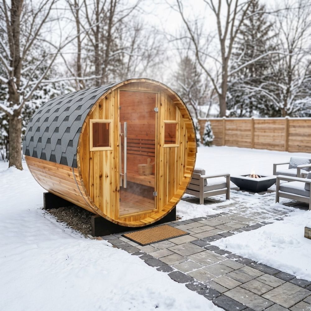 SunRay Galley 4 Person Barrel Sauna with Harvia 6kW Heater in a snowy outdoor setting with a fire pit and benches.