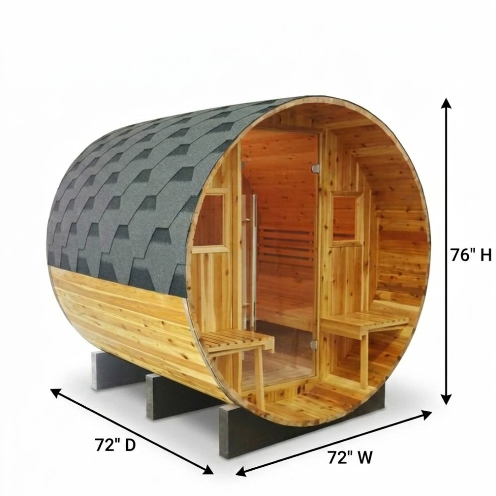 SunRay Galley 4 Person Canopy Barrel Sauna with 6kW Harvia Heater with dimensions labeled on a white background