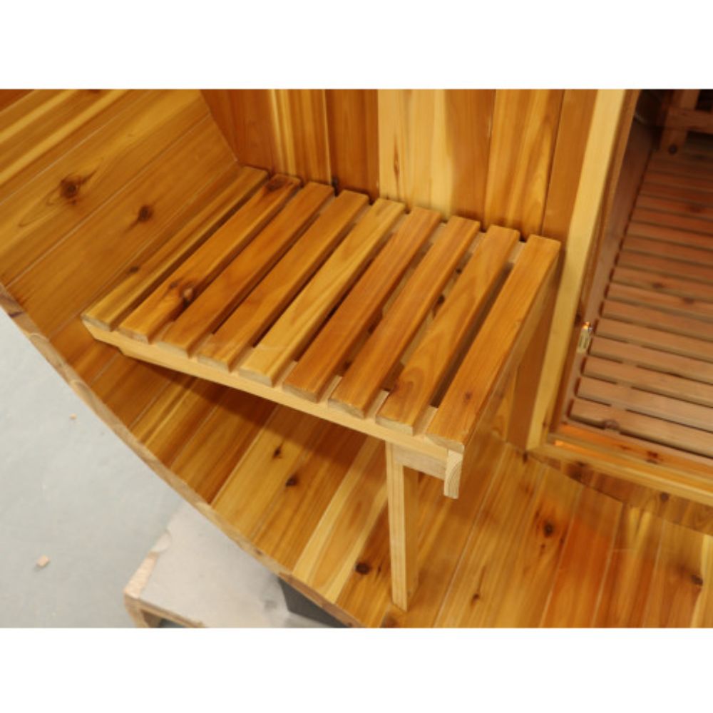 SunRay Oasis Barrel Sauna with canopy bench outside